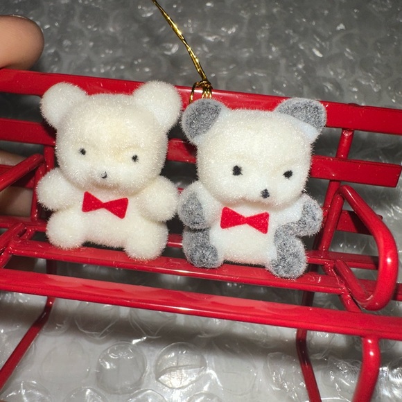 Avon Teddy Bear Collection Ornaments on bench with Red Bows - Picture 7 of 16